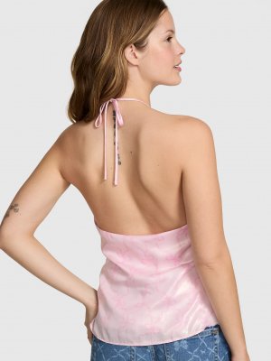 PINK x LoveShackFancy Атласный топ с оборками и завязками на шее