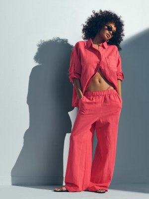 Пляжная льняная oversize рубашка с длинным рукавом