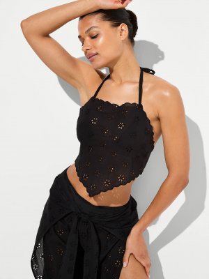 Пляжный ажурный топ на завязках за шею платочного кроя (halter top)