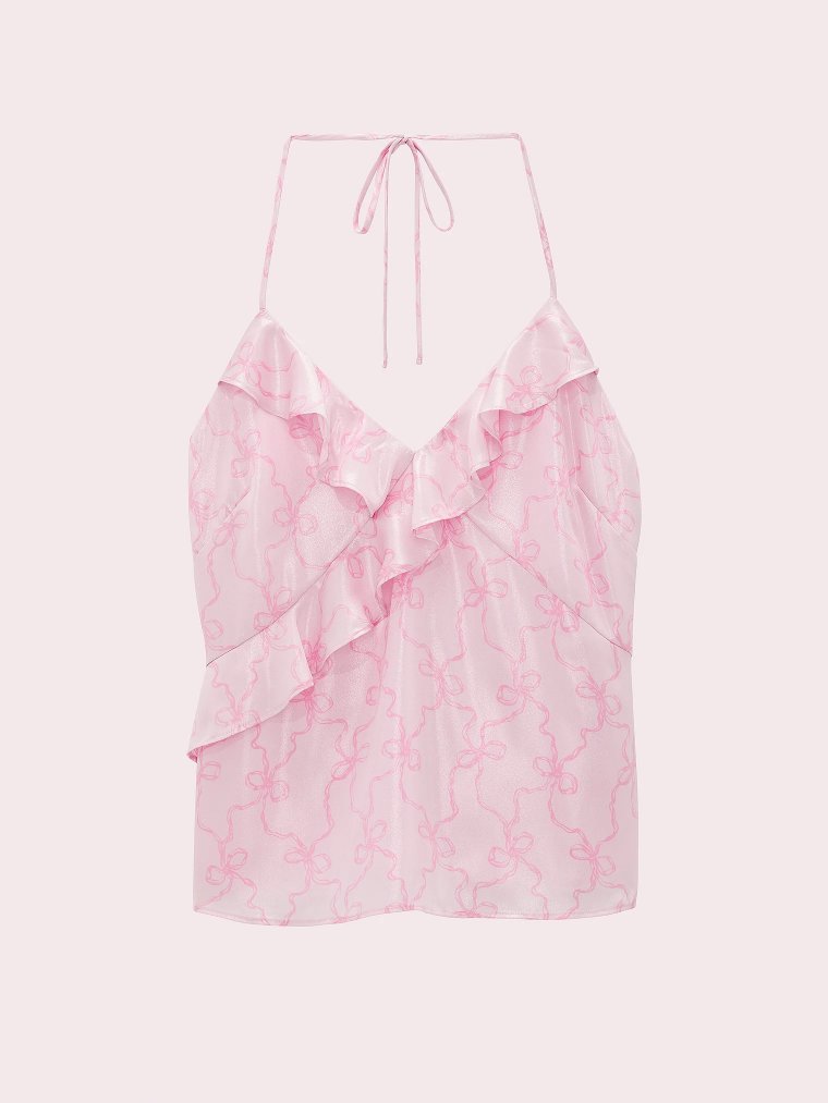 PINK x LoveShackFancy Атласный топ с оборками и завязками на шее