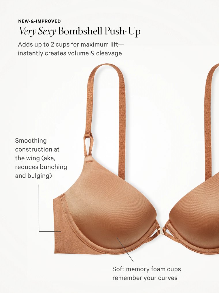 Бюстгальтер (bra) Bombshell с блестящими ремешками (shine strap) с логотипом, вставками на 2 размера чашки (add-2-cups) и эффектом пуш-ап (push-up)
