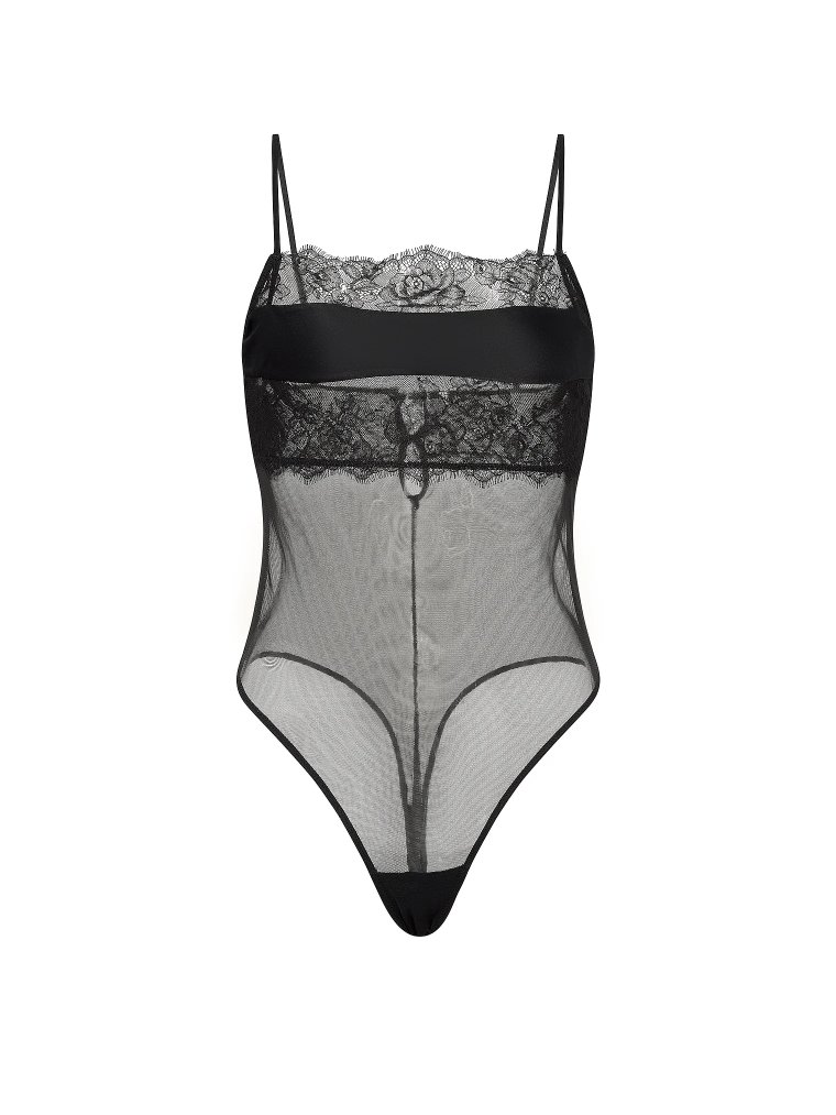 Боди (bodysuit) с розовым кружевом и сеткой, с прямым вырезом
