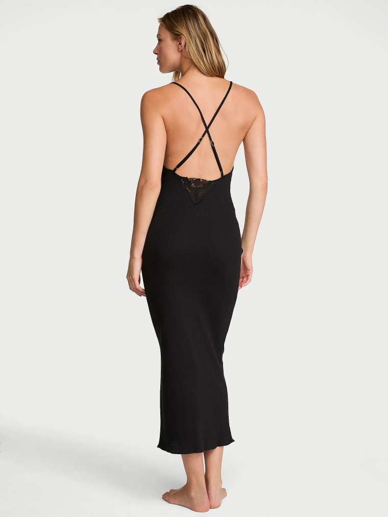 Платье-комбинация макси (maxi slip dress) из ажурного трикотажа (pointelle) с рельефным рубчиком (rib) и кружевной отделкой (lace-trim)