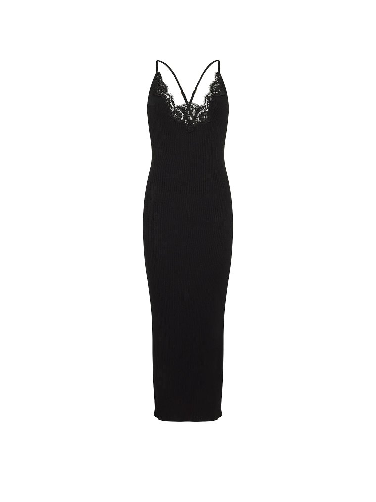 Платье-комбинация макси (maxi slip dress) из ажурного трикотажа (pointelle) с рельефным рубчиком (rib) и кружевной отделкой (lace-trim)