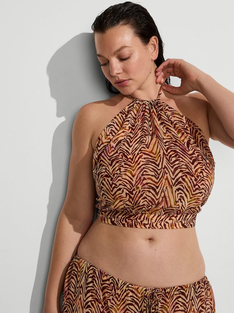 Пляжная одежда (Beachwear) Полупрозрачный (Sheer) топ со смятой текстурой (Crinkle) с завязками на шее (Halter Top)