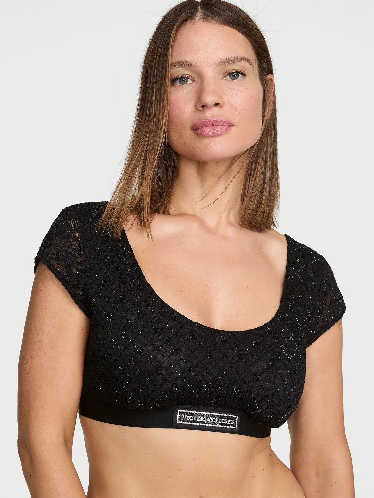 Кружевное бра-топ (Bralette) с блеском и логотипом, с короткими рукавами-крылышками (Cap-Sleeve)