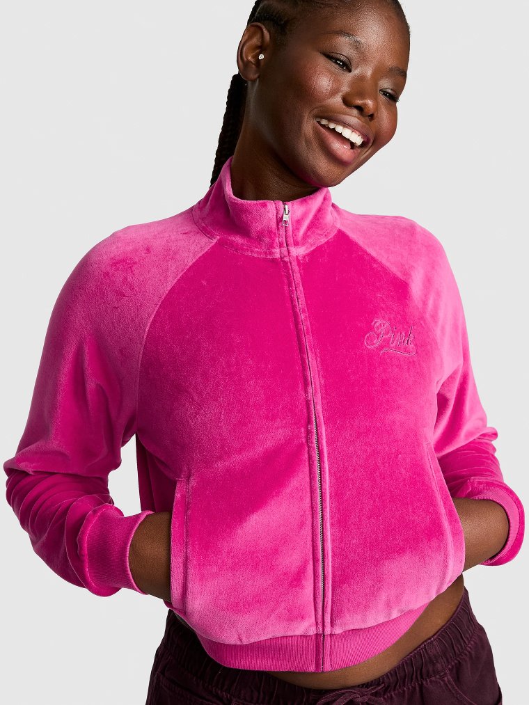Винтажный свитшот из велюра с горловиной-стойкой (mock-neck) на молнии (full-zip) по всей длине