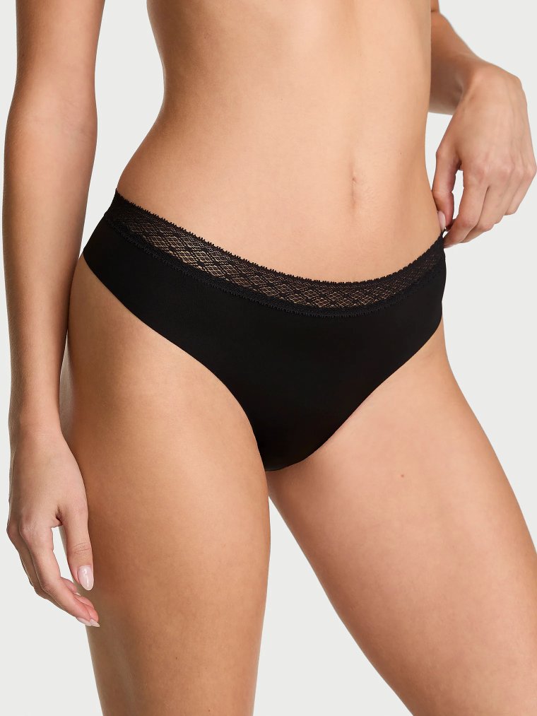 No-Show Mesh-Trim Mid-Rise Thong Panty
