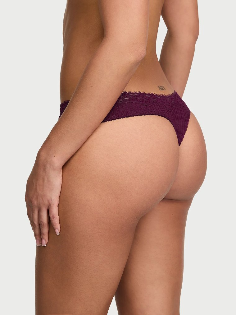 Cotton Pointelle Lace-Trim Thong Panty
