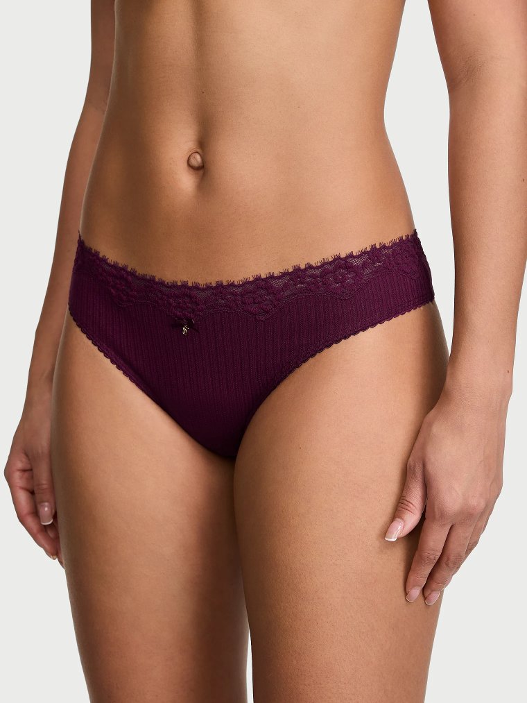 Cotton Pointelle Lace-Trim Thong Panty